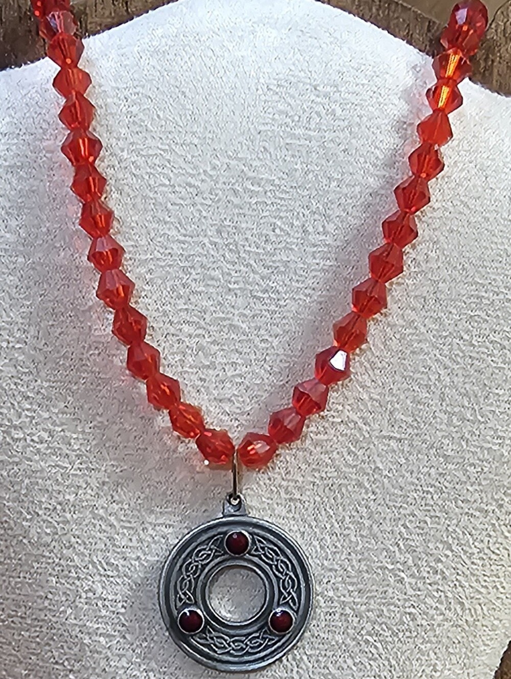 Red Czech Bicone Celtic Knot Necklace & Braclet, Ooak Signed 1997 Pewter Pendant